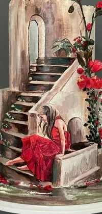 This phone live wallpaper depicts a striking painting of a woman wearing a vibrant red dress while sitting on a staircase