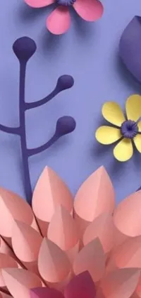 This stunning phone live wallpaper features a digital art display of vibrant paper flowers crafted using the Japanese kirigami technique