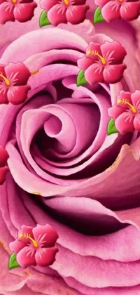 This phone wallpaper showcases a beautifully crafted close-up of a pink rose with green leaves