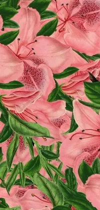 This live wallpaper showcases a gorgeous digital art painting featuring pink flowers with green leaves in stunning photorealism