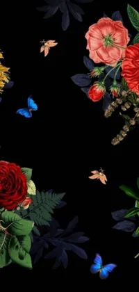 This phone live wallpaper showcases stunning digital art with a group of blooming flowers and flying butterflies against a striking black backdrop with a rich and vivid color scheme