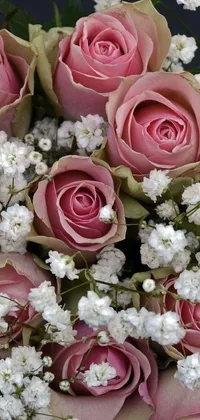 This phone live wallpaper showcases a stunning bouquet of pink roses and white baby's breath with intricate details visible on each flower