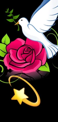 This stunning live wallpaper depicts a vector art design featuring a white dove and rose against a black background