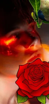 This phone live wallpaper showcases a stunning digital art piece featuring a woman with a rose in front of her face, set in the fiery elemental plane of fire