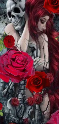 This live wallpaper boasts digital art inspired by gothic-inspired designs, comprising a red-haired woman and a skeleton, set against a backdrop of roses