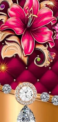 This phone live wallpaper features an opulent diamond necklace with a delicate pink flower on a striking red background
