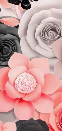 This phone live wallpaper features a bunch of paper flowers on a table, designed in beautiful digital art