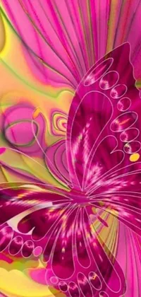 This live phone wallpaper showcases a pink butterfly resting on a pink flower as the centerpiece of a digital art piece