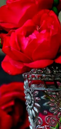 Upgrade the look of your phone screen with this exquisite live wallpaper! It features a glass vase filled with red roses resting on a table, emanating a romantic vibe