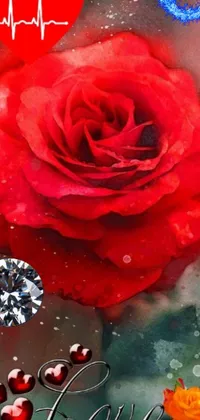 Looking for an elegant and sophisticated phone live wallpaper? This digital rendering features a red rose surrounded by sparkling crystals and diamonds