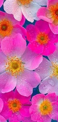 This live phone wallpaper features pink and white anemone flowers with water droplets, showcasing different stages of 
growth