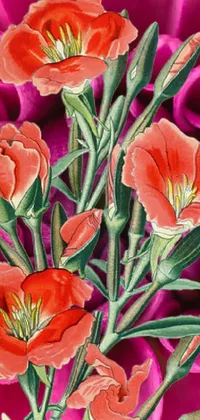 This live phone wallpaper showcases a stunning painting of bright red flowers on a soft pink background, complete with green stems and leaves