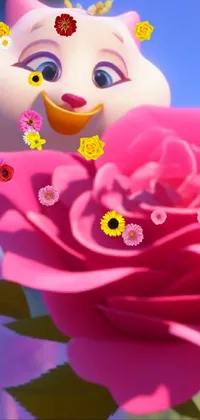 This phone live wallpaper features a cute cat figurine positioned on top of a vibrant pink rose