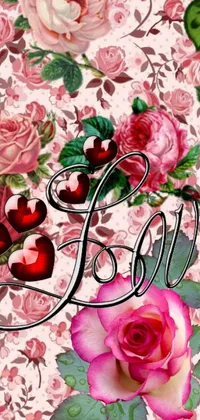 This stunning live phone wallpaper features a pink rose with the word "love" digitalized on it, accompanied by flowers, hearts, and butterflies that gently float across the screen