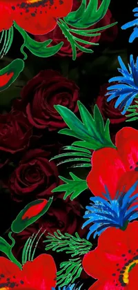 This dynamic phone live wallpaper showcases a stunning digital painting of red and blue flowers on a black backdrop