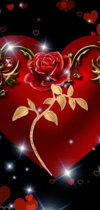 This stunning live wallpaper features a digital rendering of a heart adorned with a delicate rose, surrounded by smaller hearts with a gold and red metal finish