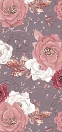 This live phone wallpaper features a detailed, baroque-style design with pink and white flowers arranged on a gray background