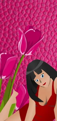 Enhance your phone's appearance with this stunning live wallpaper! It showcases a beautiful digital rendering of a lady donning a bright red dress, holding a bunch of pink tulips