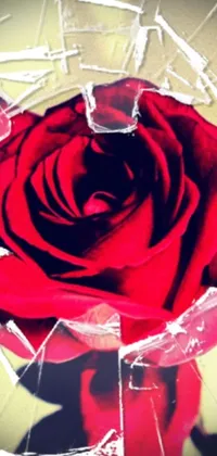 This phone live wallpaper features a shattered glass vase with a red rose, overlaid with an Instagram photo or avatar