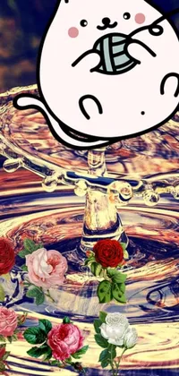 This is a cat-themed phone live wallpaper with beautiful roses floating in water