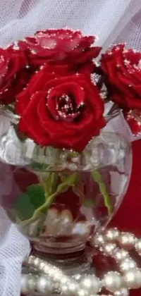 This phone live wallpaper showcases a close-up shot of a vase filled with beautiful red roses and delicate pearls