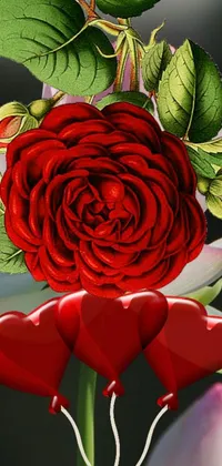 This live wallpaper features a gorgeous red rose with two hearts placed at the center of the bloom, set against a sleek black backdrop