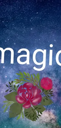 This stunning live wallpaper for your phone features an intricately designed flower surrounded by cosmic imagery, including twinkling stars and a mystical forest silhouette