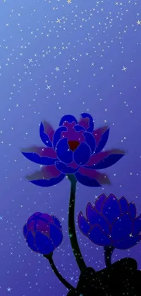 This stunning live wallpaper features a beautiful blue lotus flower with intricate details set against a starry night sky