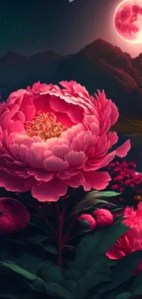 This stunning live phone wallpaper features a beautiful pink flower and a detailed crimson moon in the background