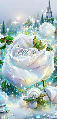 This exquisite phone live wallpaper showcases a stunning painting of a white rose surrounded by other flowers and a glistening body of water in the background