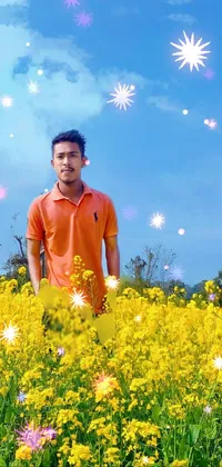 This beautiful phone live wallpaper features a young man in a stunning field of yellow flowers