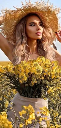 This live wallpaper showcases a woman amidst a field of yellow flowers