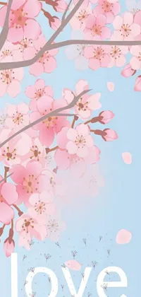 Get this phone live wallpaper featuring a stunning pink flowered tree set against a vibrant blue sky in vector art style, inspired by the sōsaku hanga creative print movement in Japan