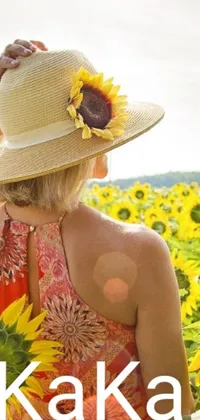 This gorgeous live wallpaper features an image of a woman in a sunflower field wearing a wide sunhat