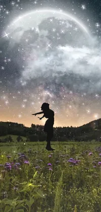 This breathtaking live wallpaper showcases striking digital art of a person in a field, with a beautiful full moon in the background