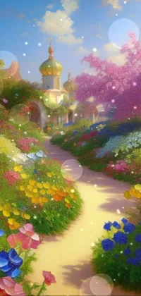 Experience the fantasy of a blooming garden with a tall church standing in the background through this live wallpaper for your phone
