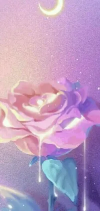 This phone live wallpaper showcases a close-up of a pink rose with a moon in the background