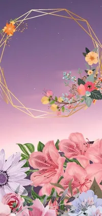 This lovely live wallpaper showcases a bunch of intricately detailed flowers resting on a table, set against a stunning backdrop of a violet and yellow sunset