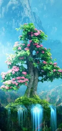 This phone live wallpaper features a dazzling blue and pink bonsai tree standing atop a lush green hillside