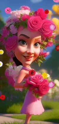 This phone live wallpaper displays a cartoon girl with flowers in her hair