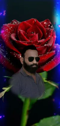 This live phone wallpaper boasts a vibrant, colorized photo of a confident man with a beard and sunglasses standing next to a stunning red rose