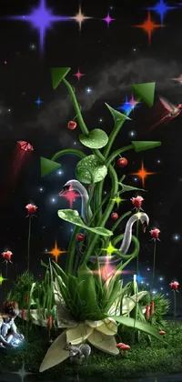 This captivating live wallpaper features a 3D-rendered green plant atop a lush field, with birds and roses fluttering around it