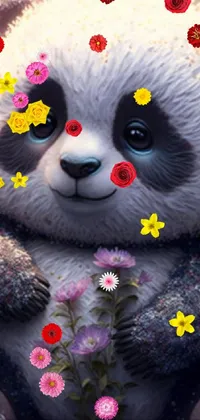 This live phone wallpaper depicts a charming panda bear cradling a bouquet of flowers