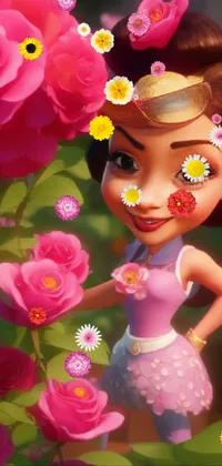 This phone live wallpaper showcases a beautiful prima ballerina dancing among a sea of vibrant roses in a lush garden