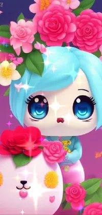 This live wallpaper features a cute girl with blue hair holding a flower, set against a spring-themed backdrop of marshmallow colors