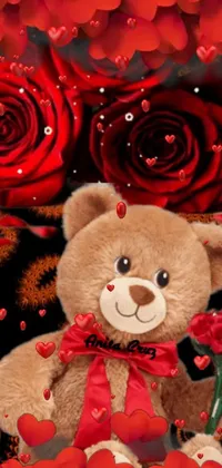 This lively phone wallpaper features a digital drawing of a cute teddy bear holding a bunch of red roses against a red and black background