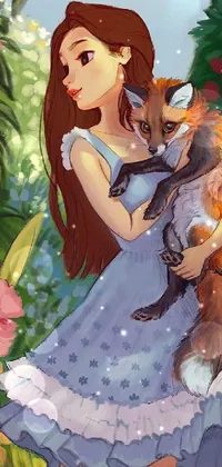 This stunning phone live wallpaper features a girl holding a fox in a lush garden setting