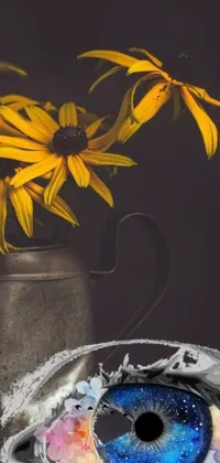 This close-up still life phone live wallpaper features a vase with a beautiful flower, rustic rusted metal and sunflowers