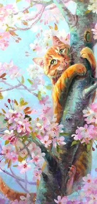 This intriguing phone live wallpaper showcases a depiction of a feline resting on a tree amidst the joys of spring