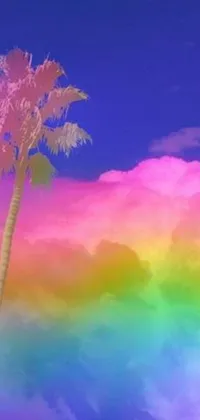 This phone live wallpaper features two palm trees standing tall against a stunning rainbow-colored sky